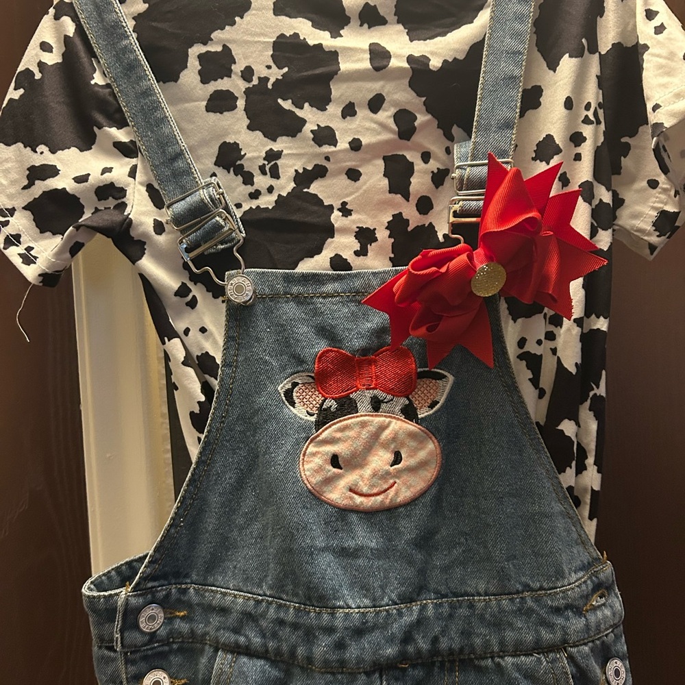 Cow Print Shirt and Denim Overalls with Red Bow